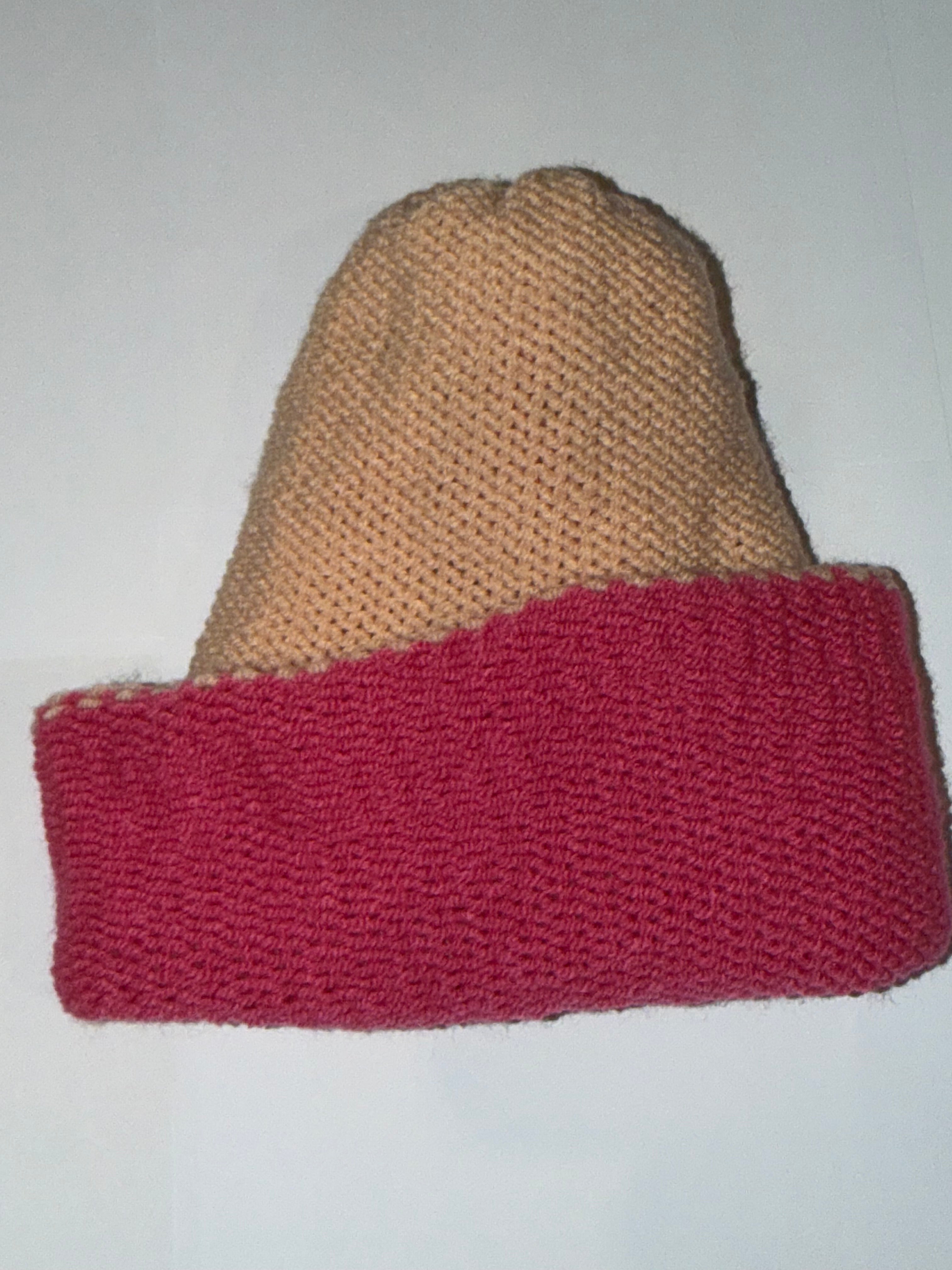 Handmade reversible wooly Beanie Hot Pink and Cool Vanilla