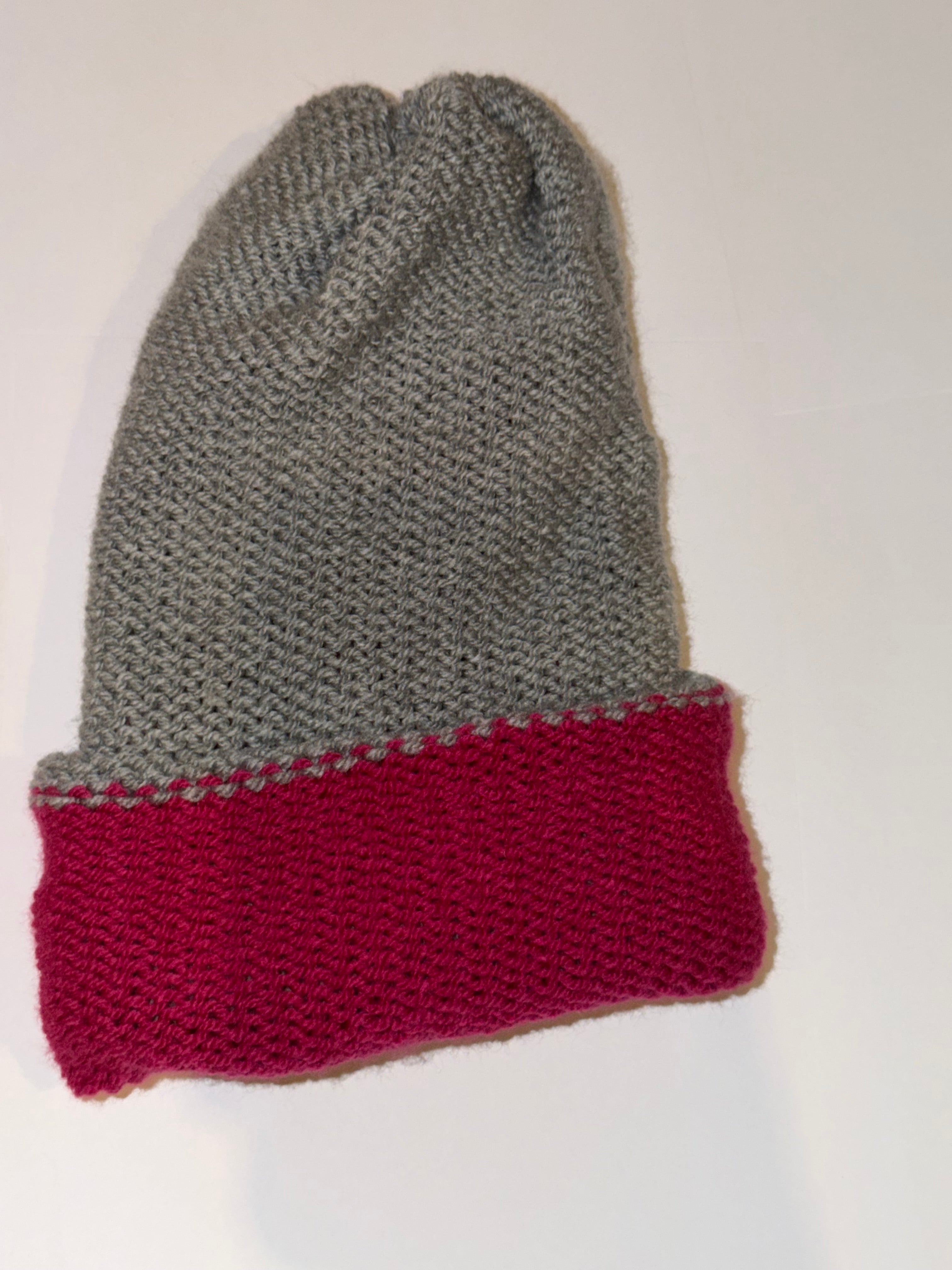 Handmade reversible wooly Beanie Grey and Magenta