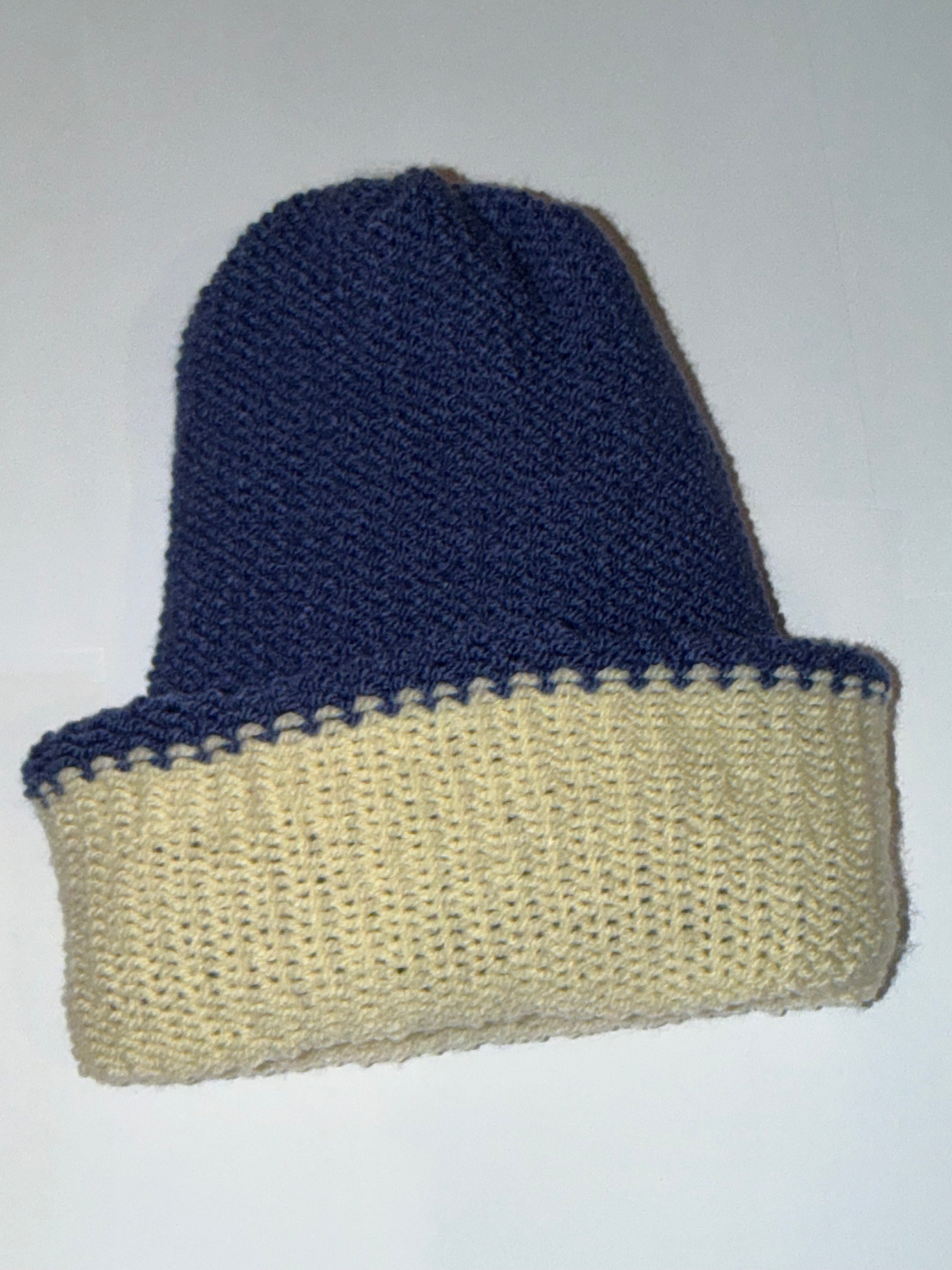 Handmade reversible wooly Beanie Cream and Denim