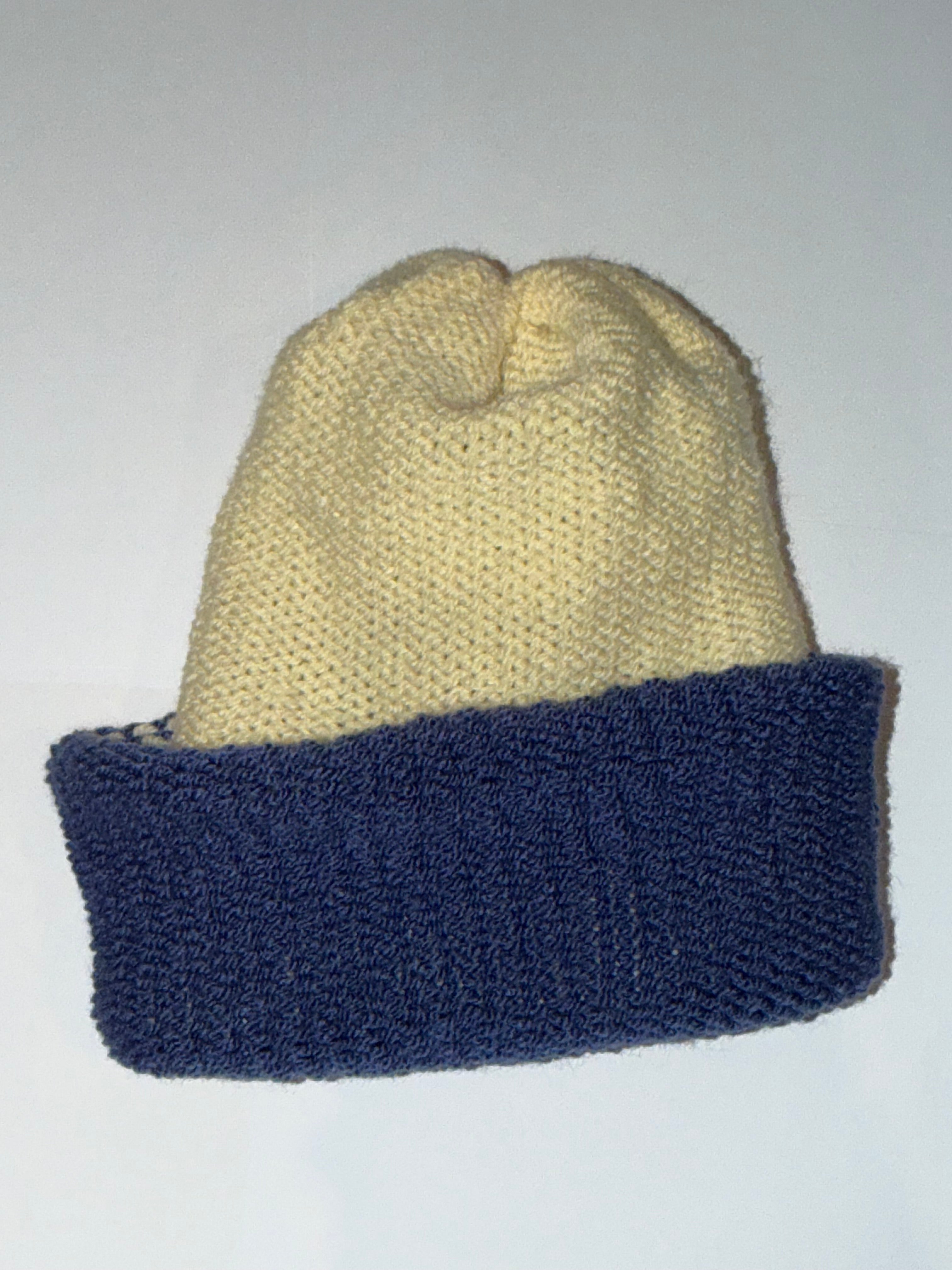 Handmade reversible wooly Beanie Cream and Denim