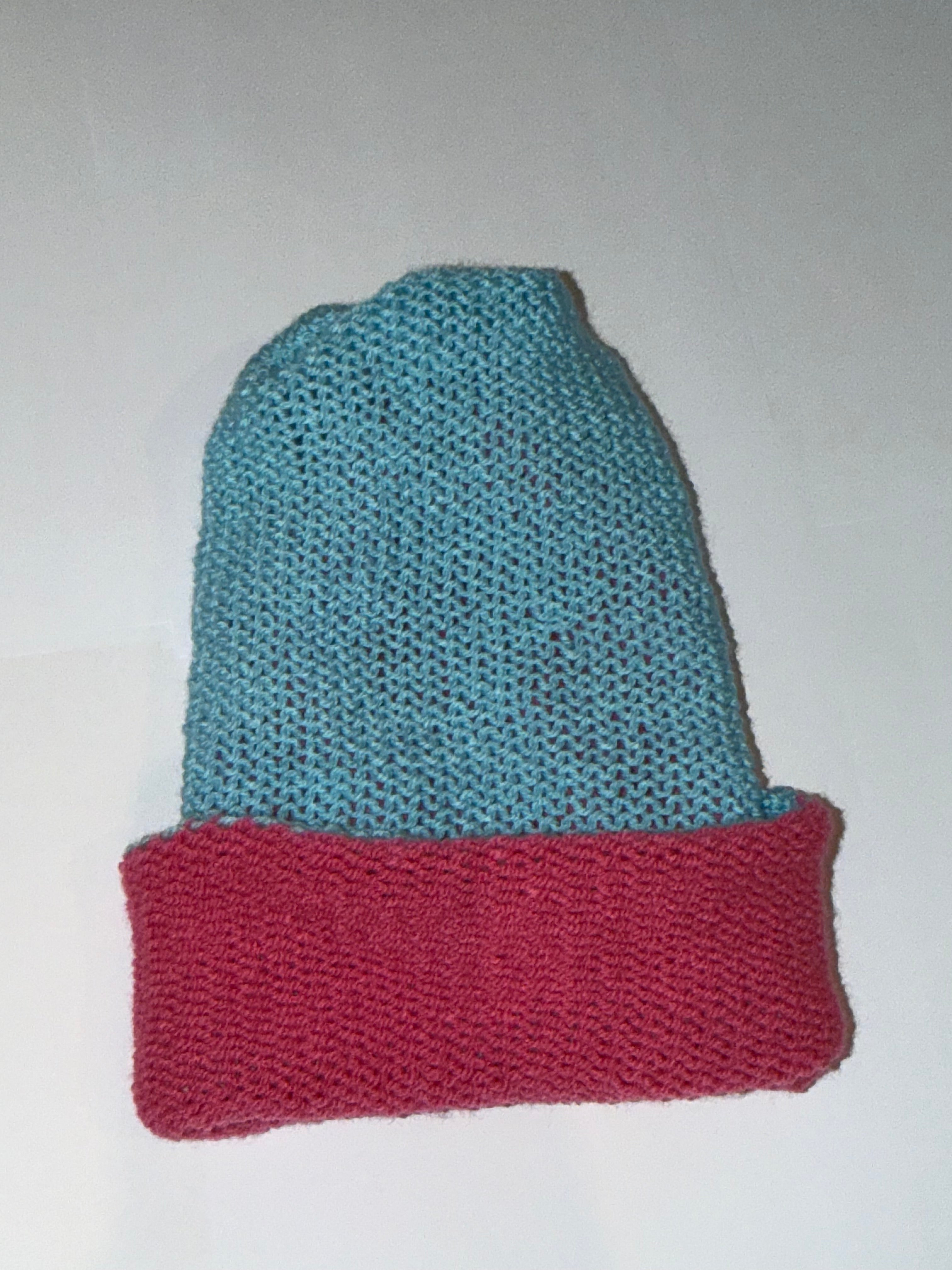 Handmade reversible wooly Beanie Soft Blue and Light Pink