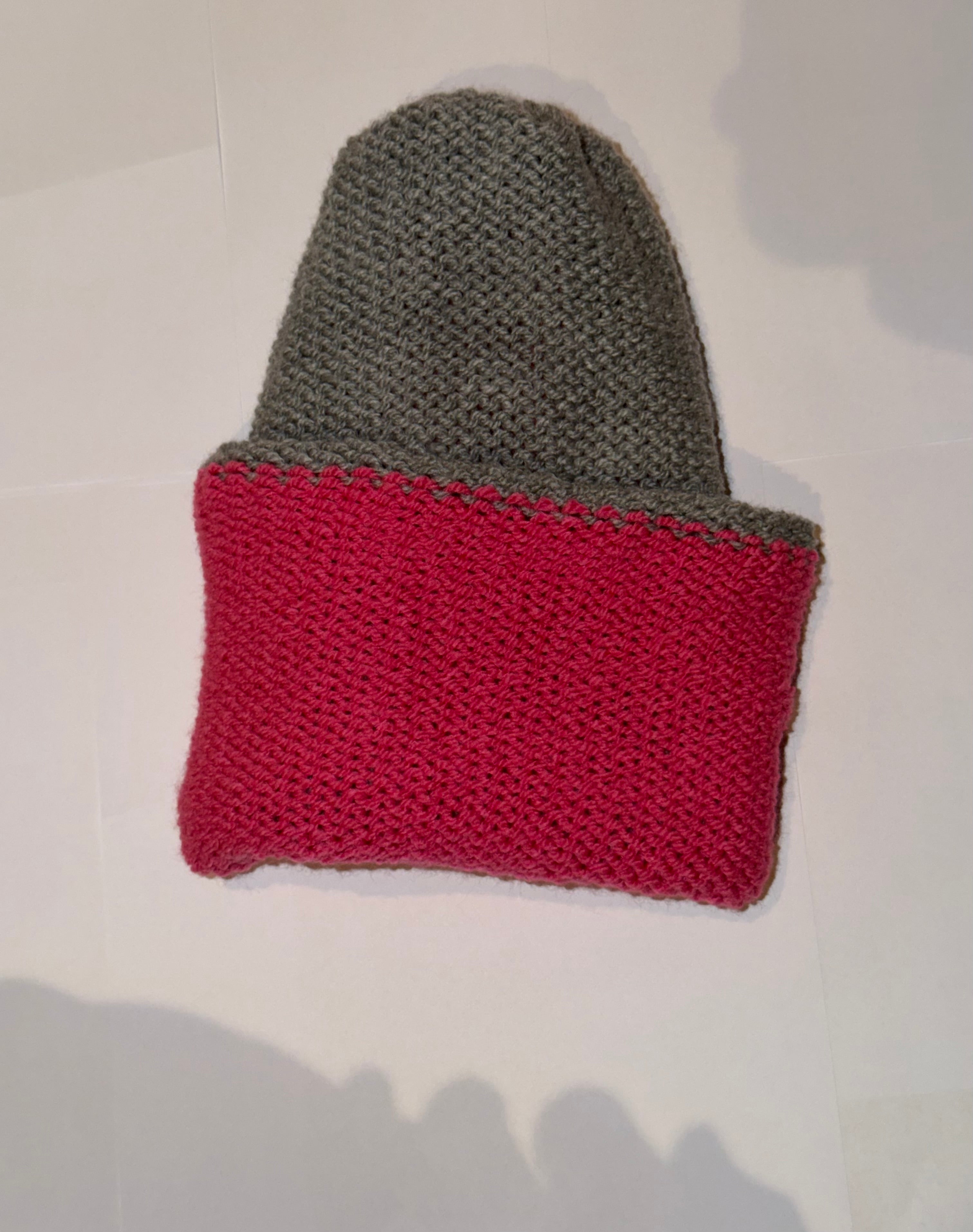 Handmade reversible wooly Beanie Grey and Hot Pink