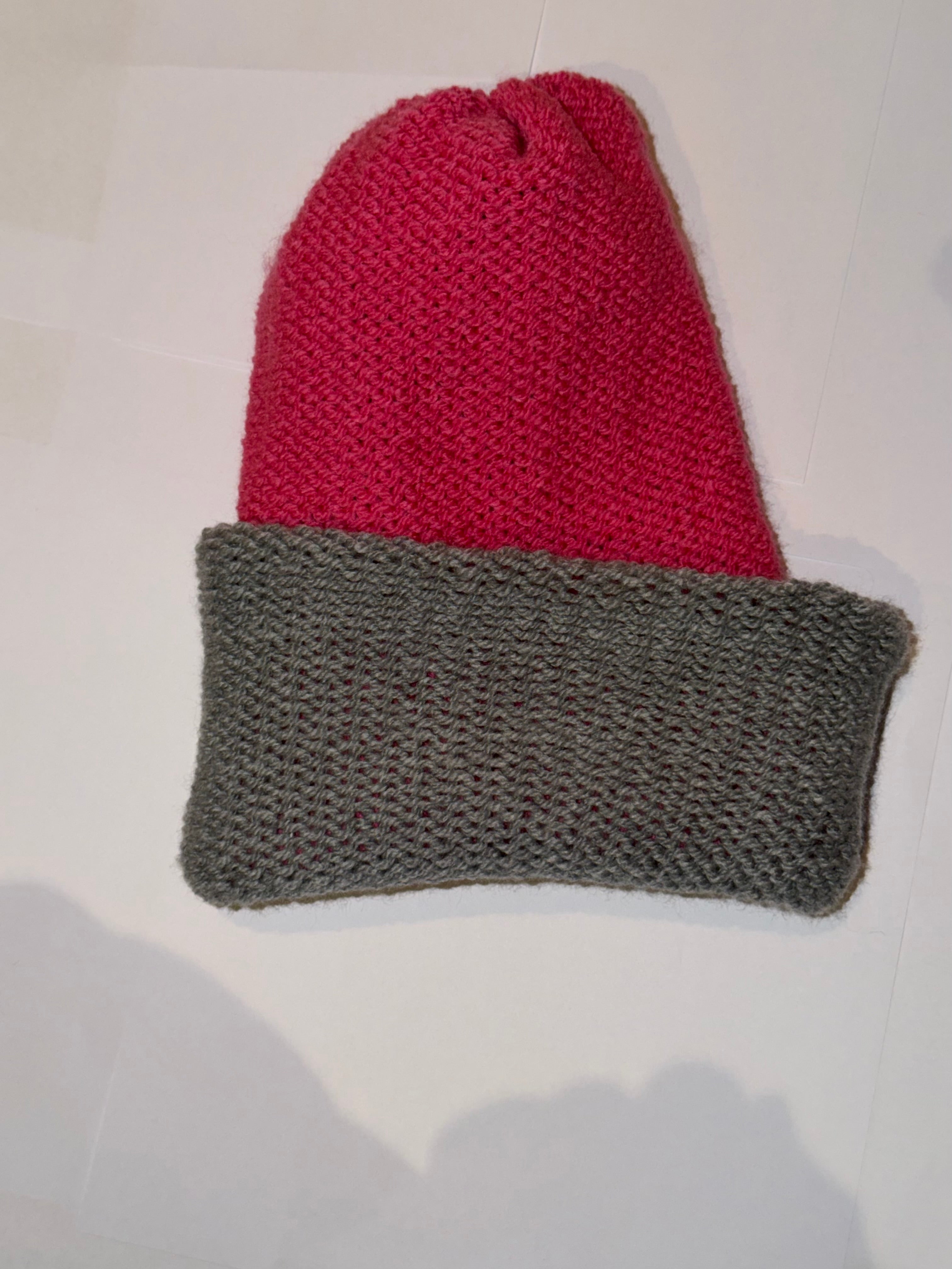 Handmade reversible wooly Beanie Grey and Hot Pink