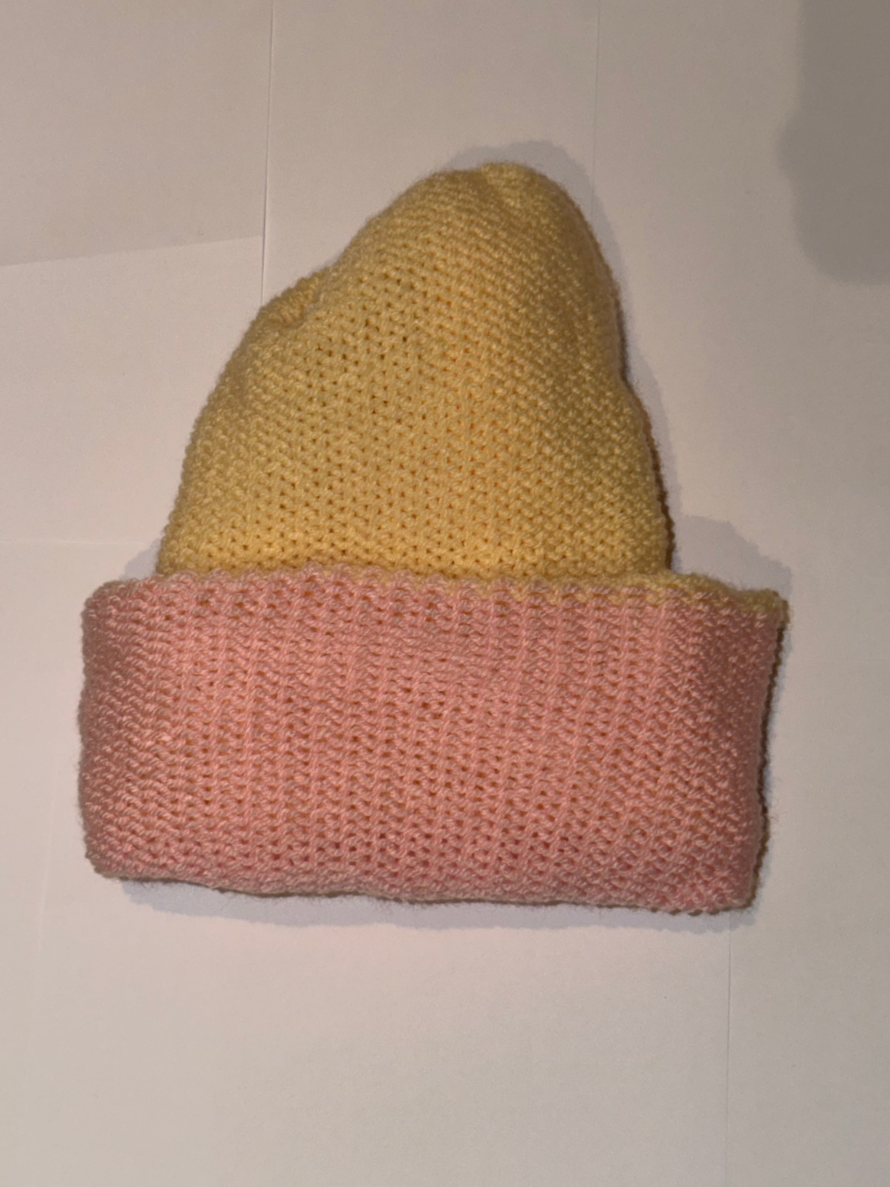 Handmade reversible wooly Beanie Light Pink and Cream