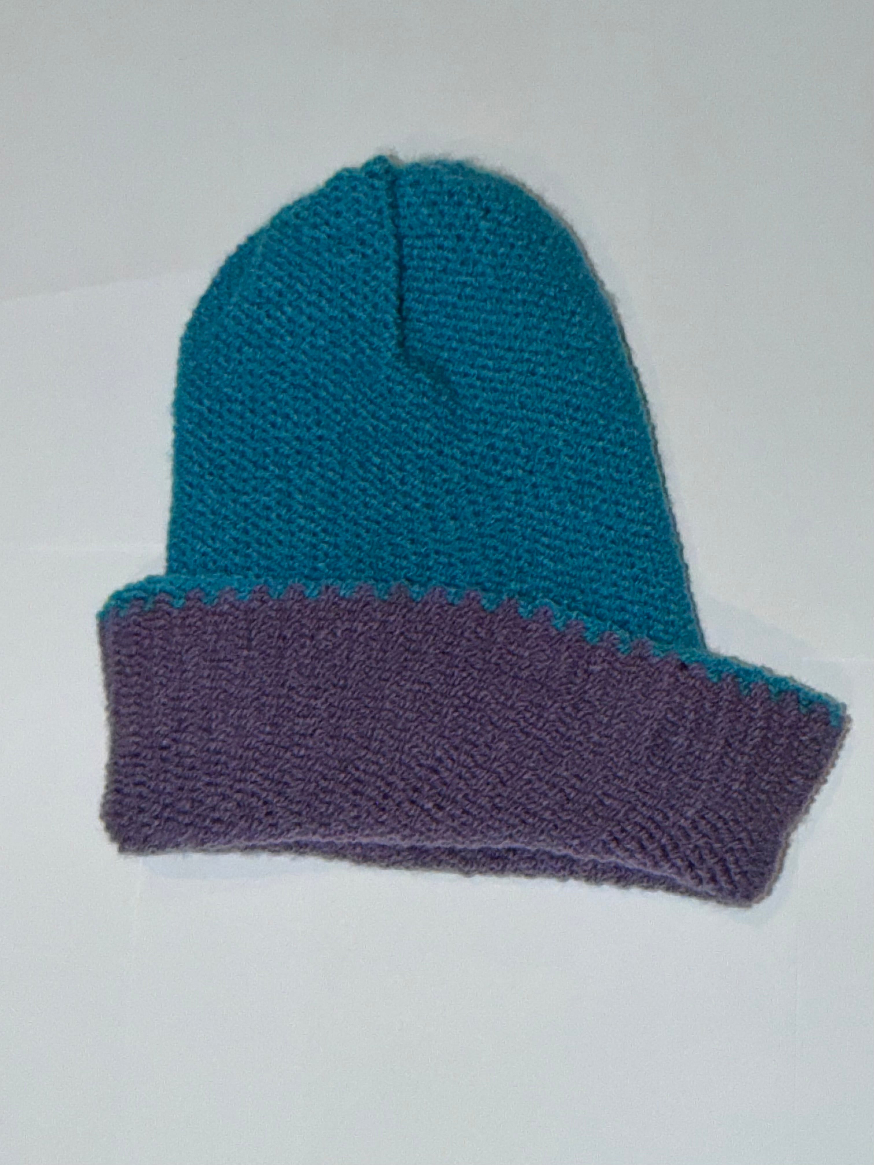 Handmade reversible wooly Beanie Dark Lilac and Dark Turquoise