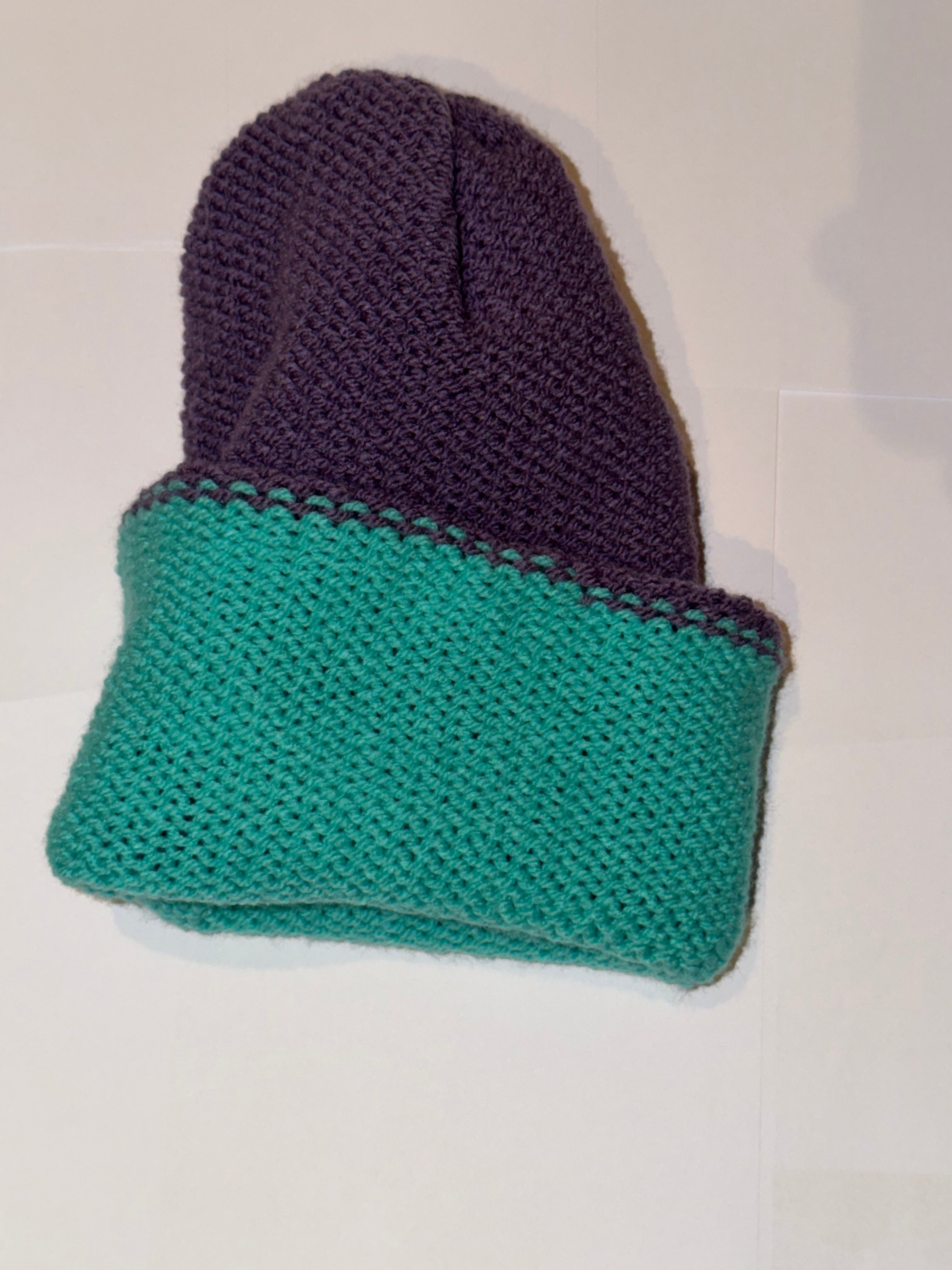 Handmade reversible wooly Beanie Dark Lilac and Aqua