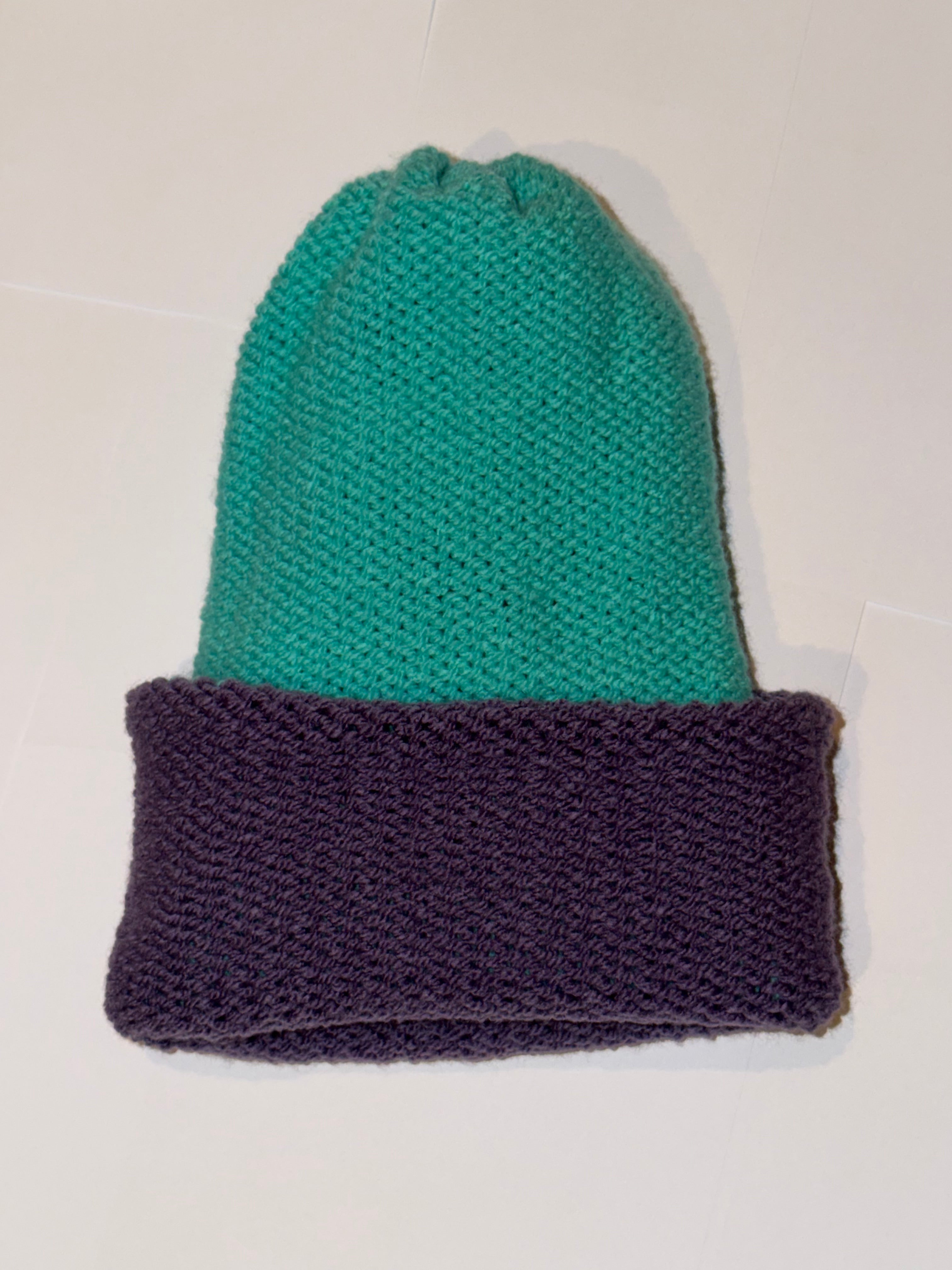 Handmade reversible wooly Beanie Dark Lilac and Aqua