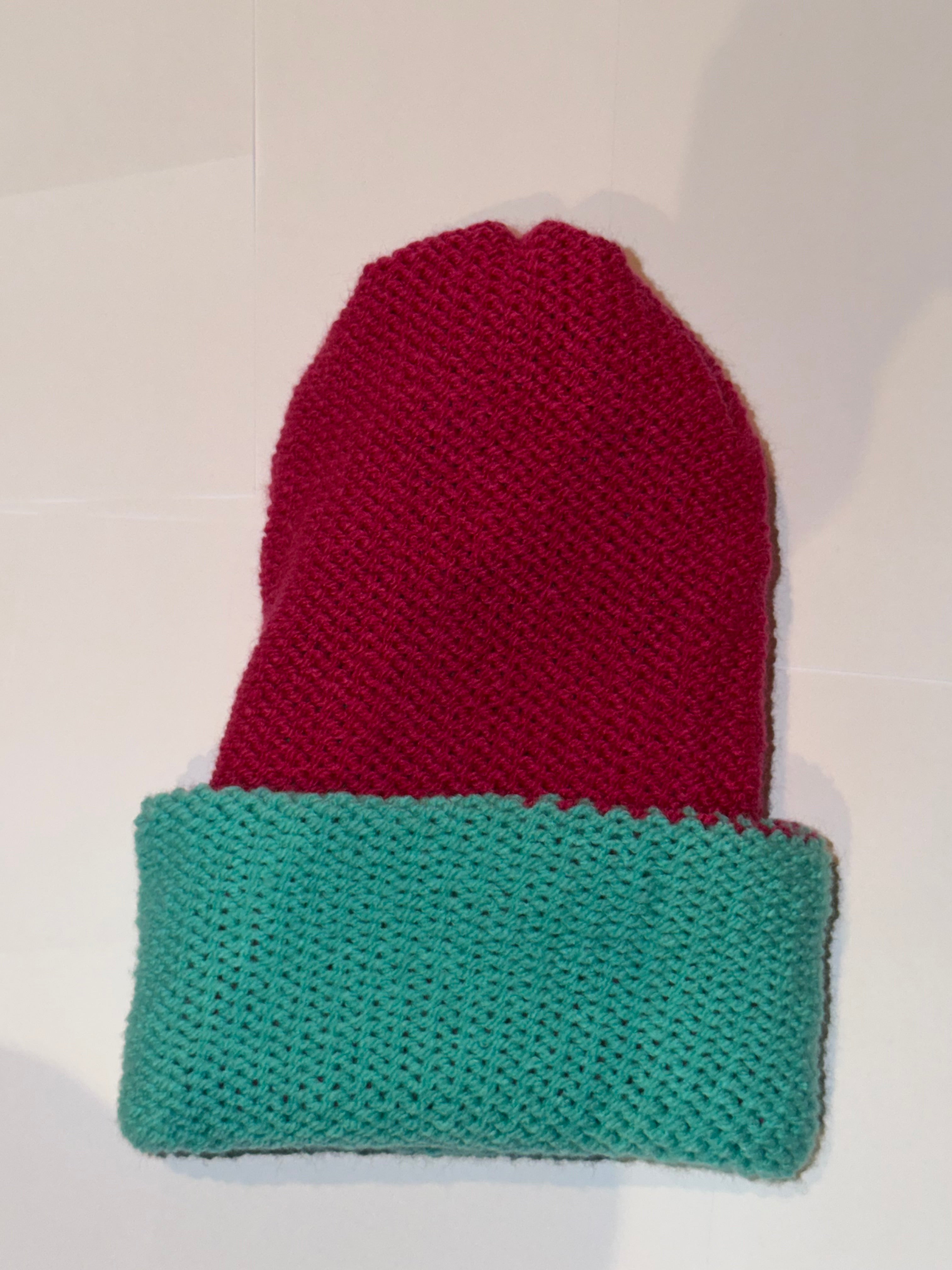 Handmade reversible wooly Beanie Aqua and Magenta