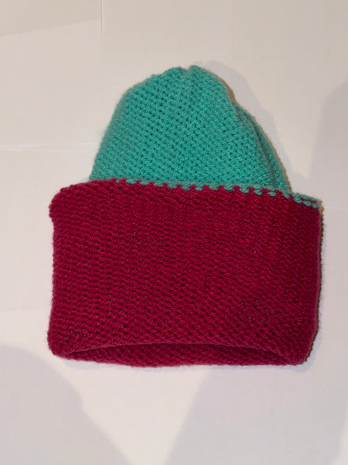 Handmade reversible wooly Beanie Aqua and Magenta