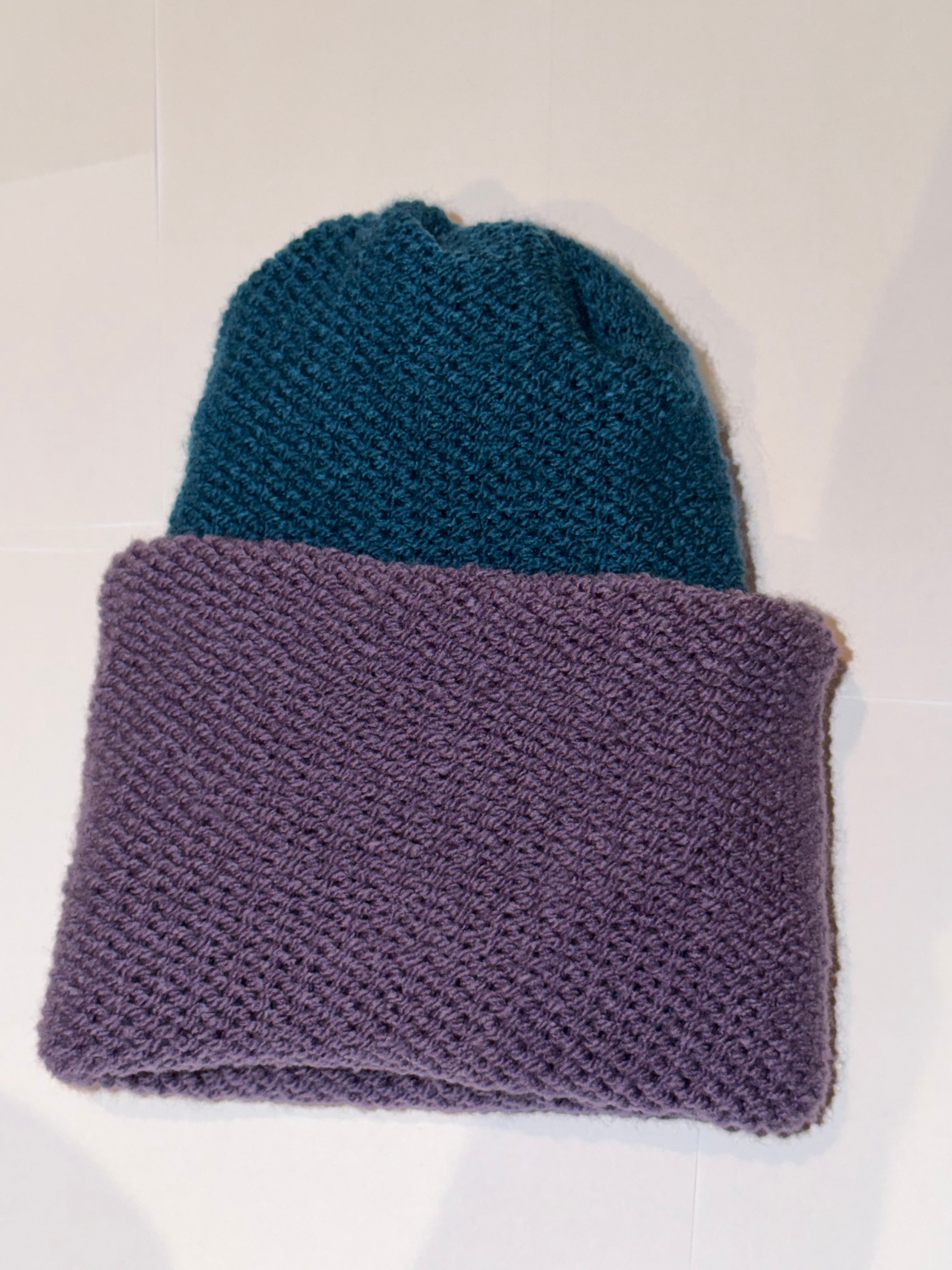 Handmade reversible wooly Beanie Dark Lilac and Petrol
