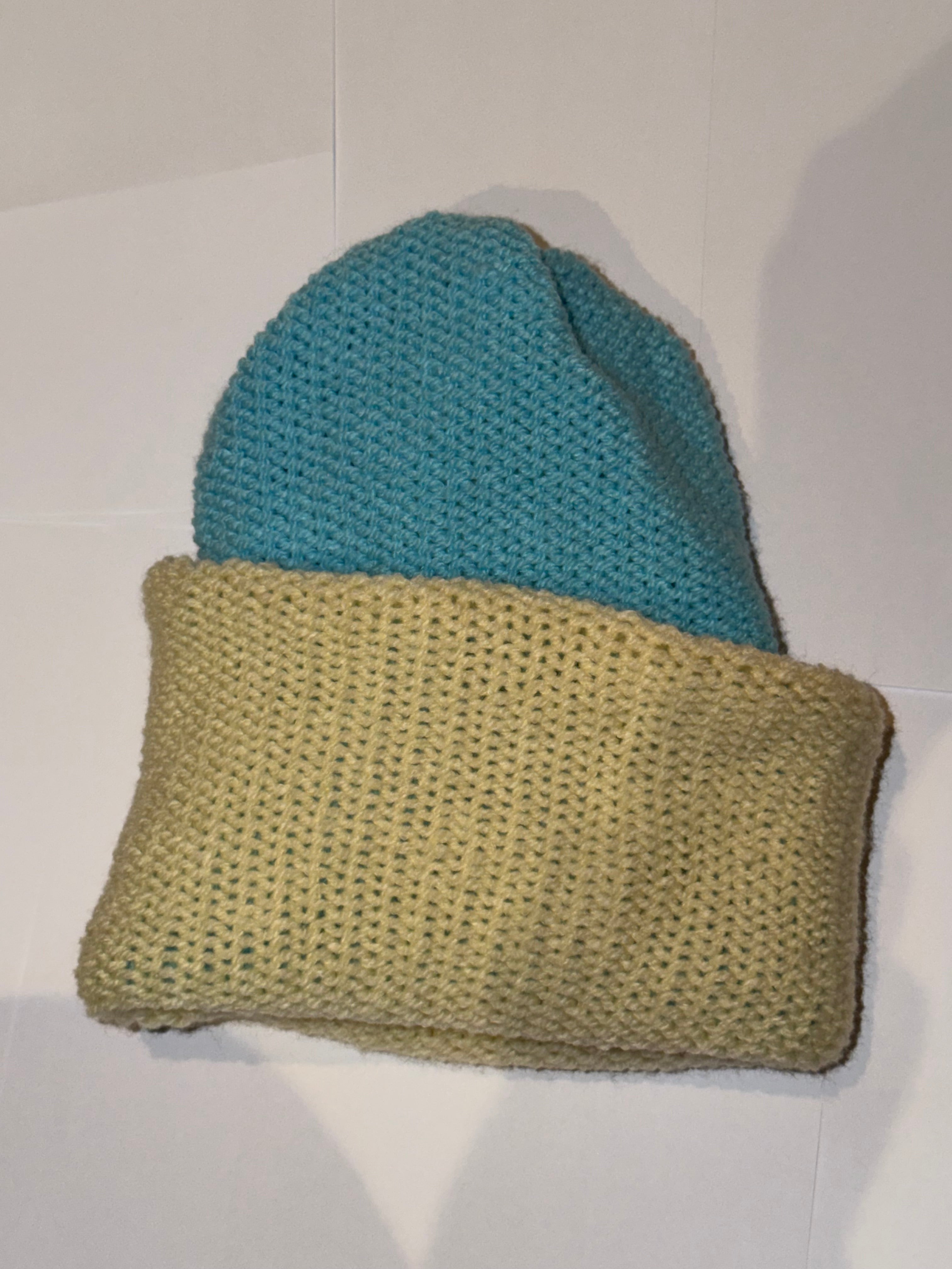 Handmade reversible wooly Beanie Cream and Soft Blue