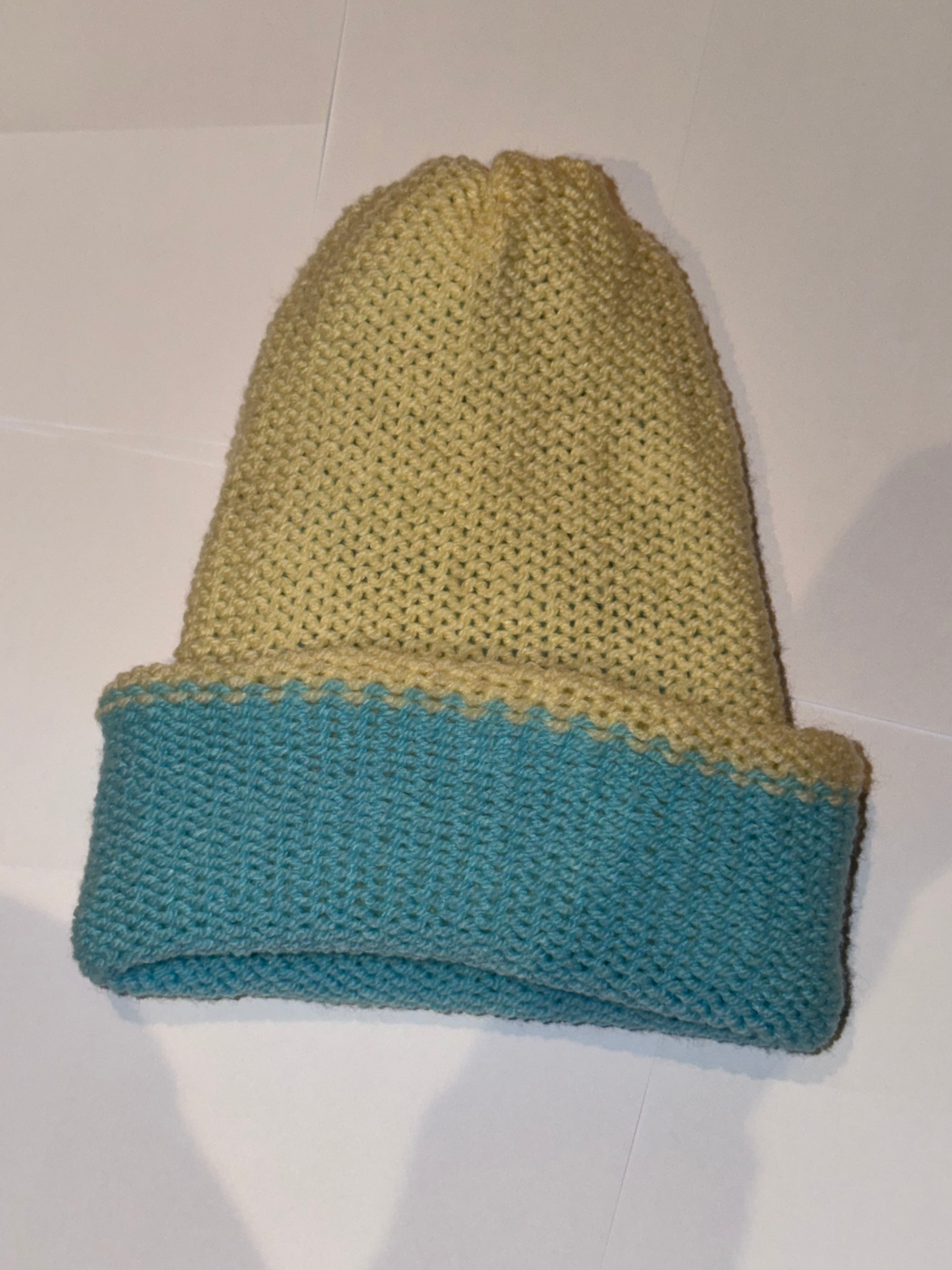 Handmade reversible wooly Beanie Cream and Soft Blue