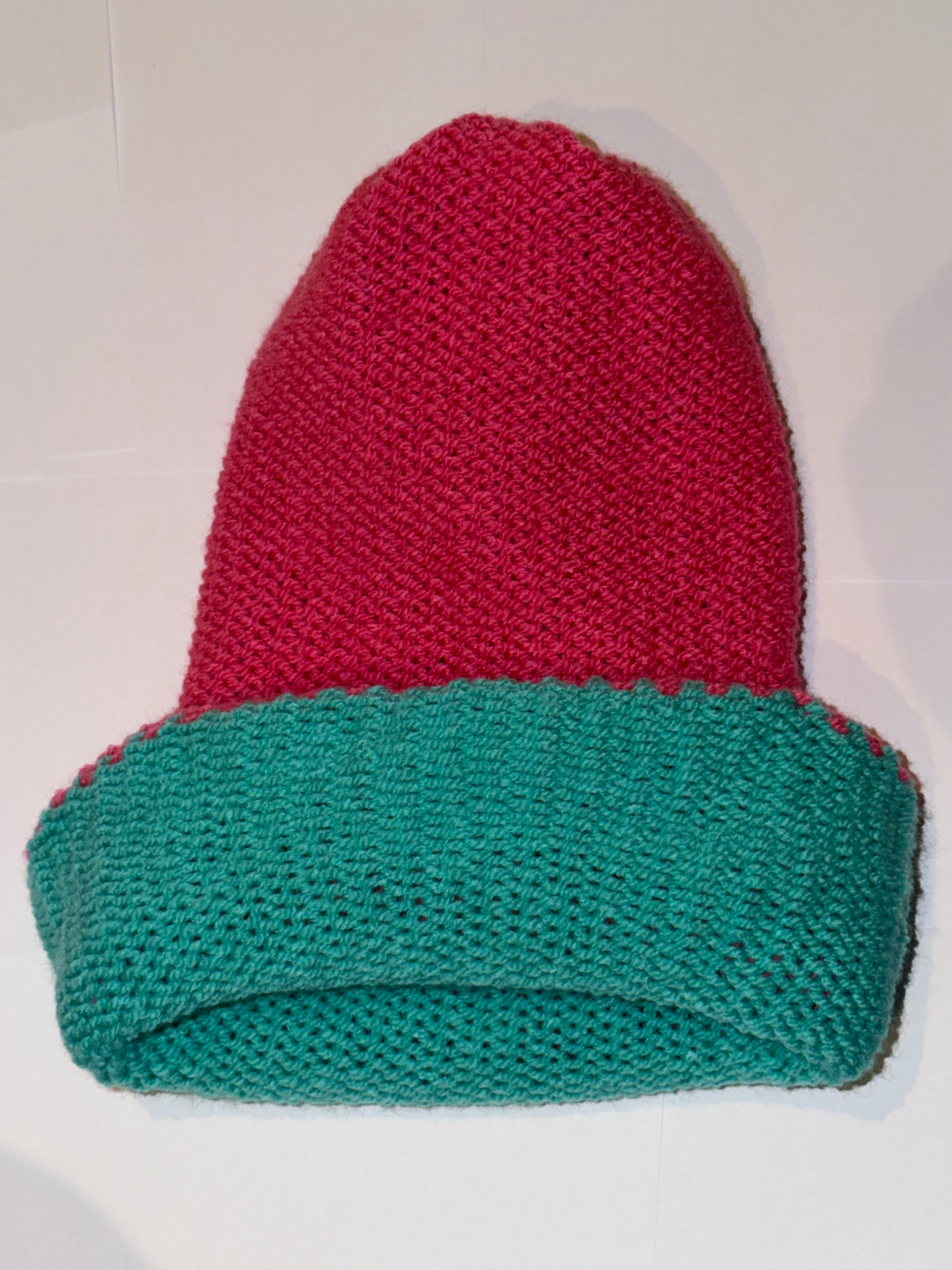 Handmade reversible wooly Beanie Aqua and Hot Pink