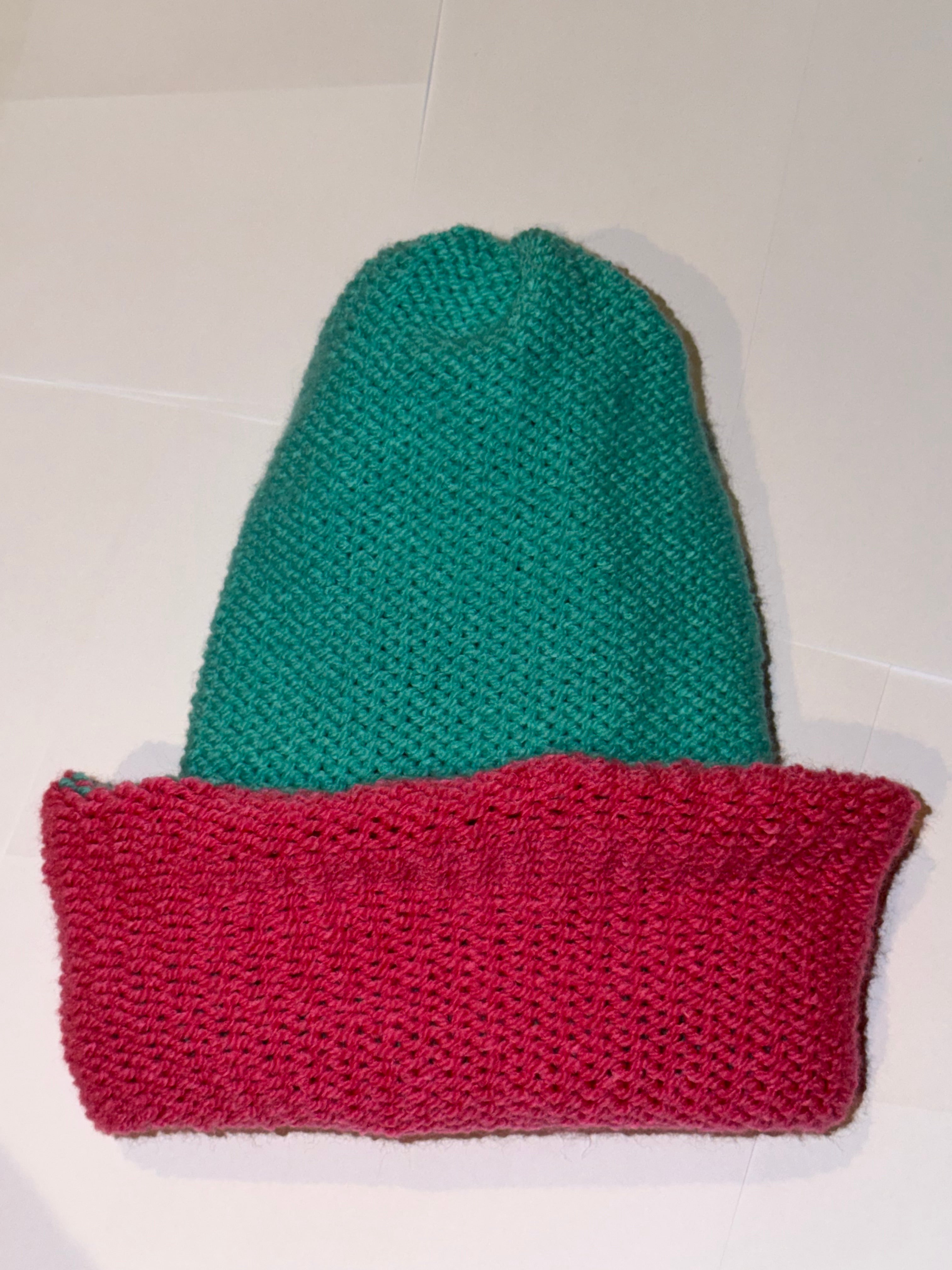 Handmade reversible wooly Beanie Aqua and Hot Pink