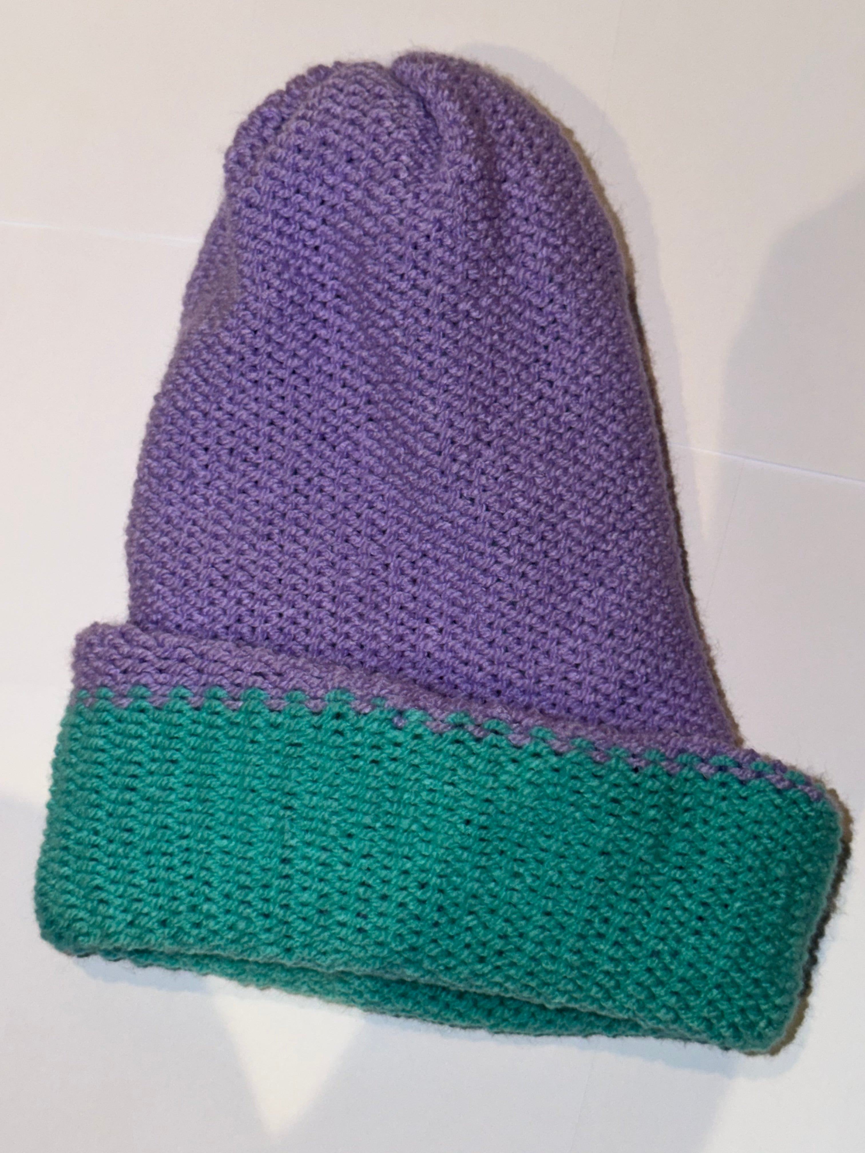 Handmade reversible wooly Beanie Bright Lilac and Aqua