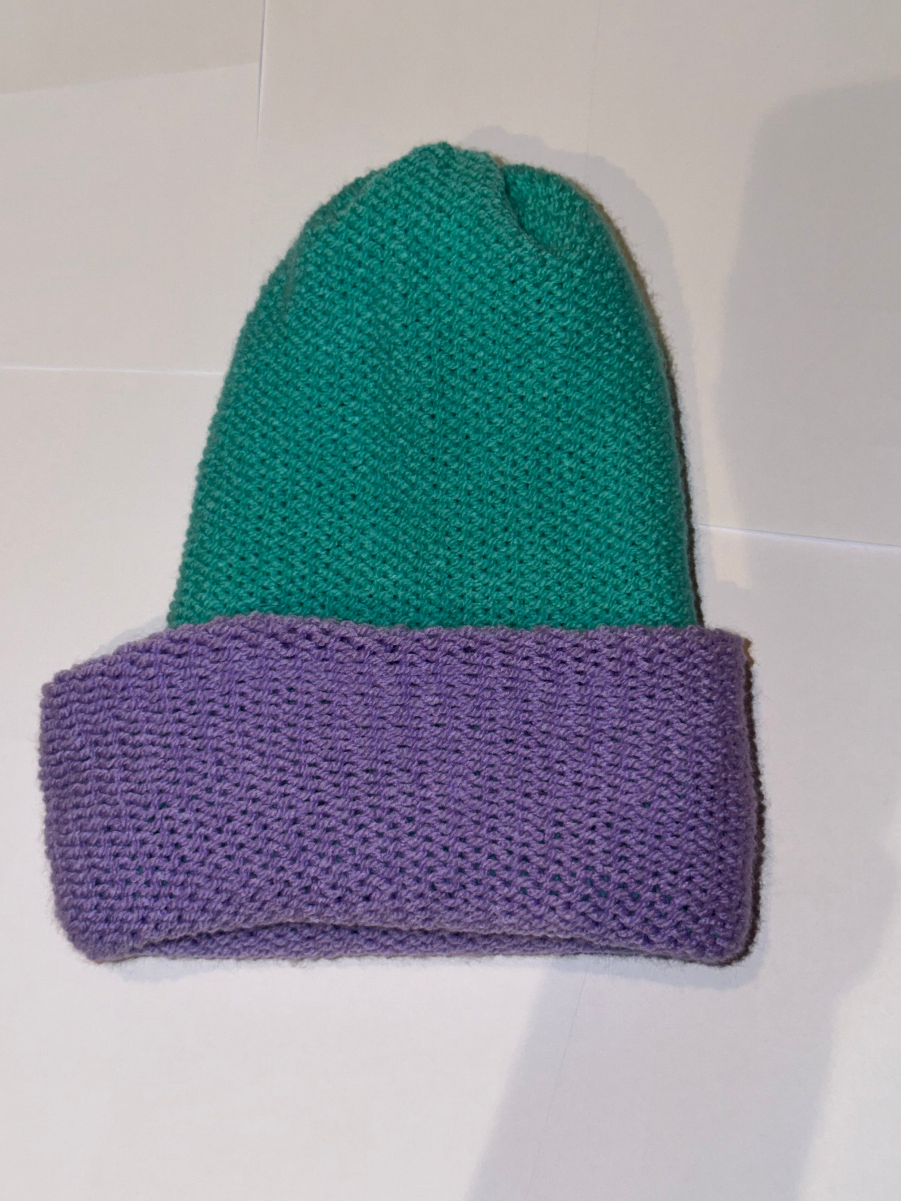 Handmade reversible wooly Beanie Bright Lilac and Aqua