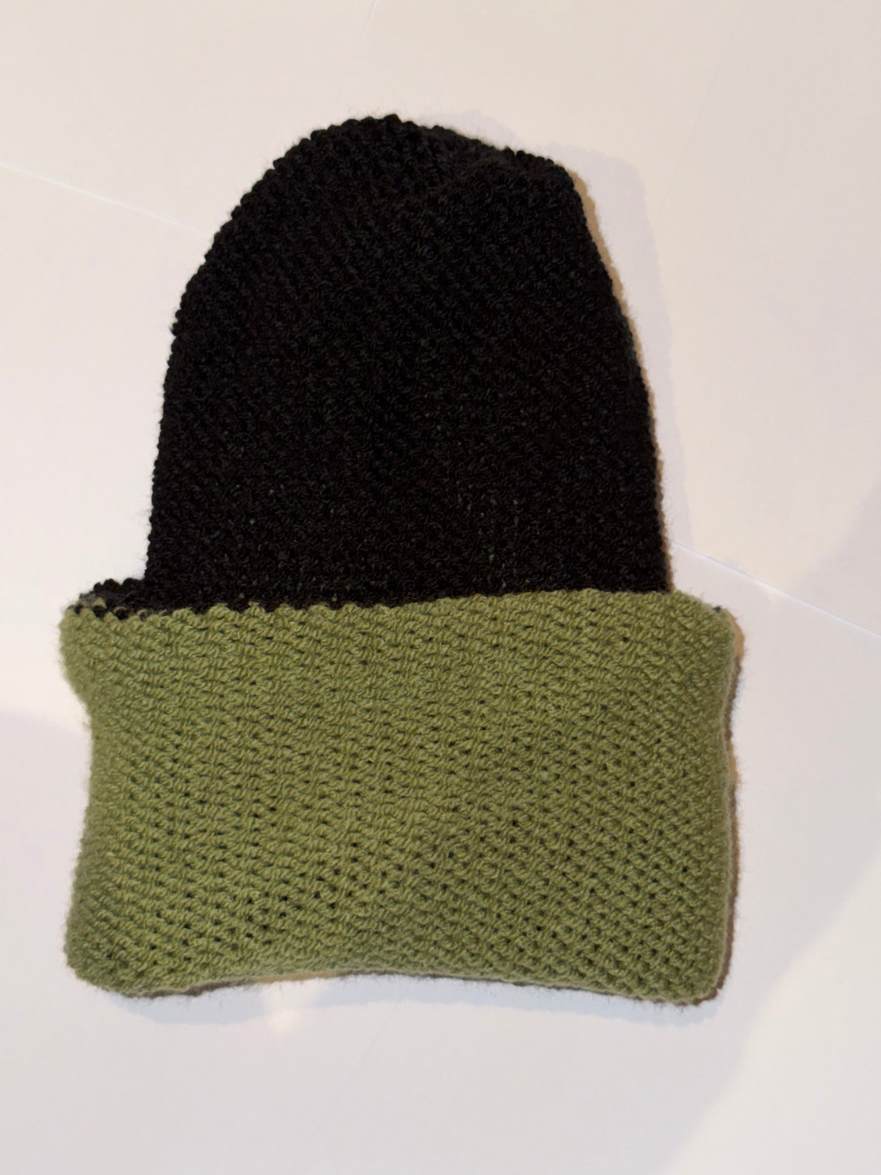 Handmade reversible wooly Beanie Sage Green and Black