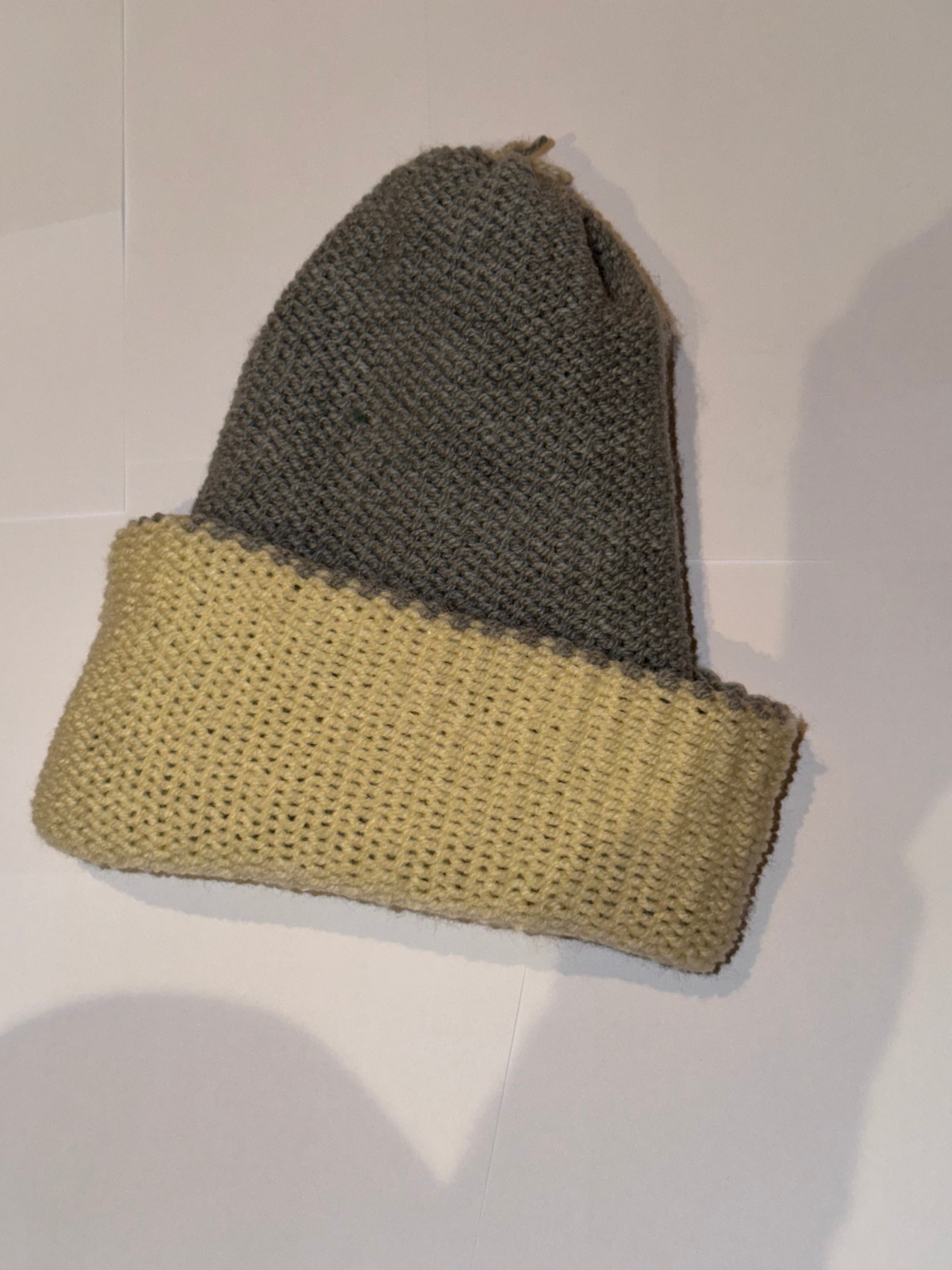 Handmade reversible wooly Beanie Grey and Cream