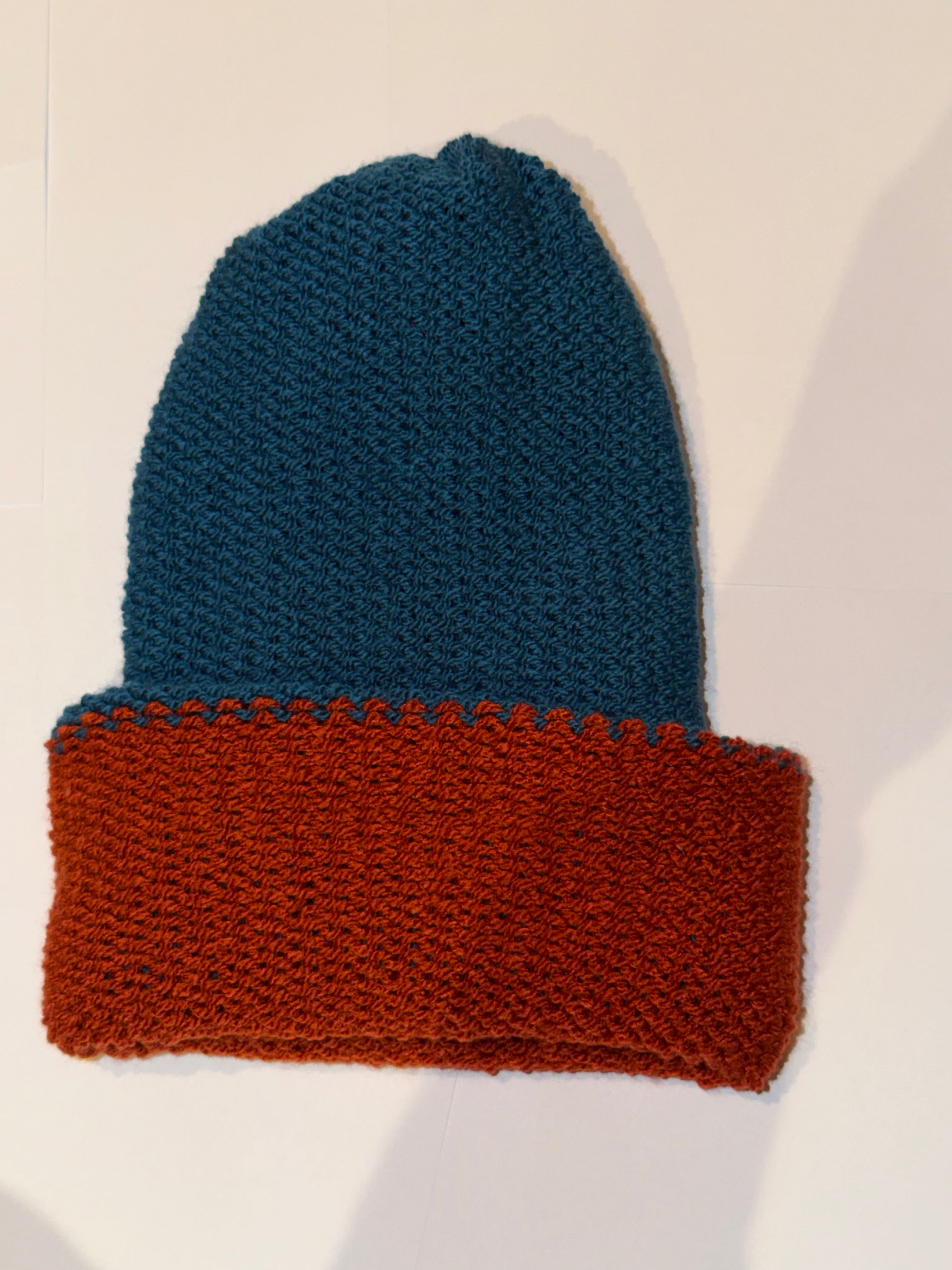 Handmade reversible wooly Beanie Fox Rust and Petrol