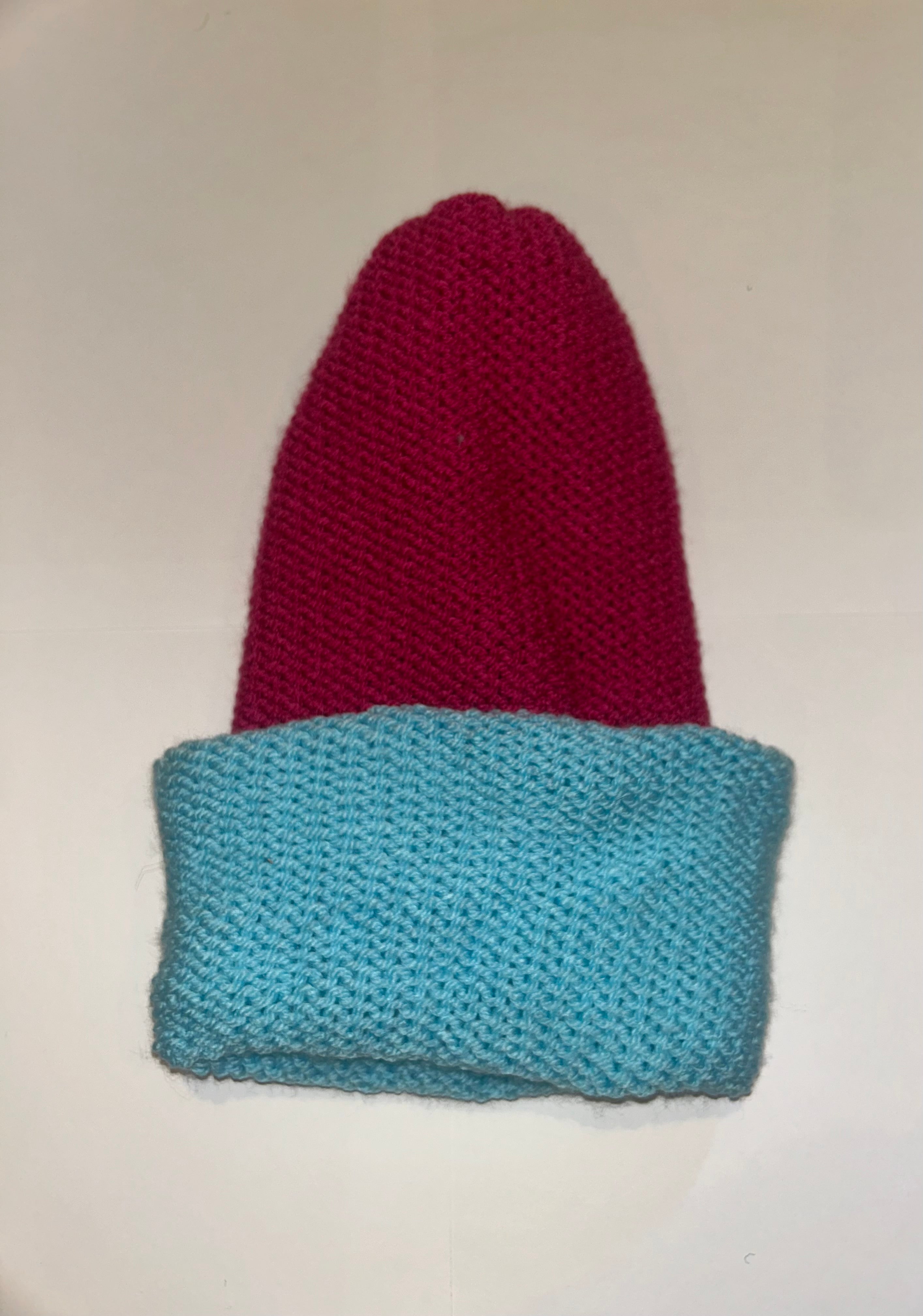 Handmade wooly Beanie Magenta and Soft Blue