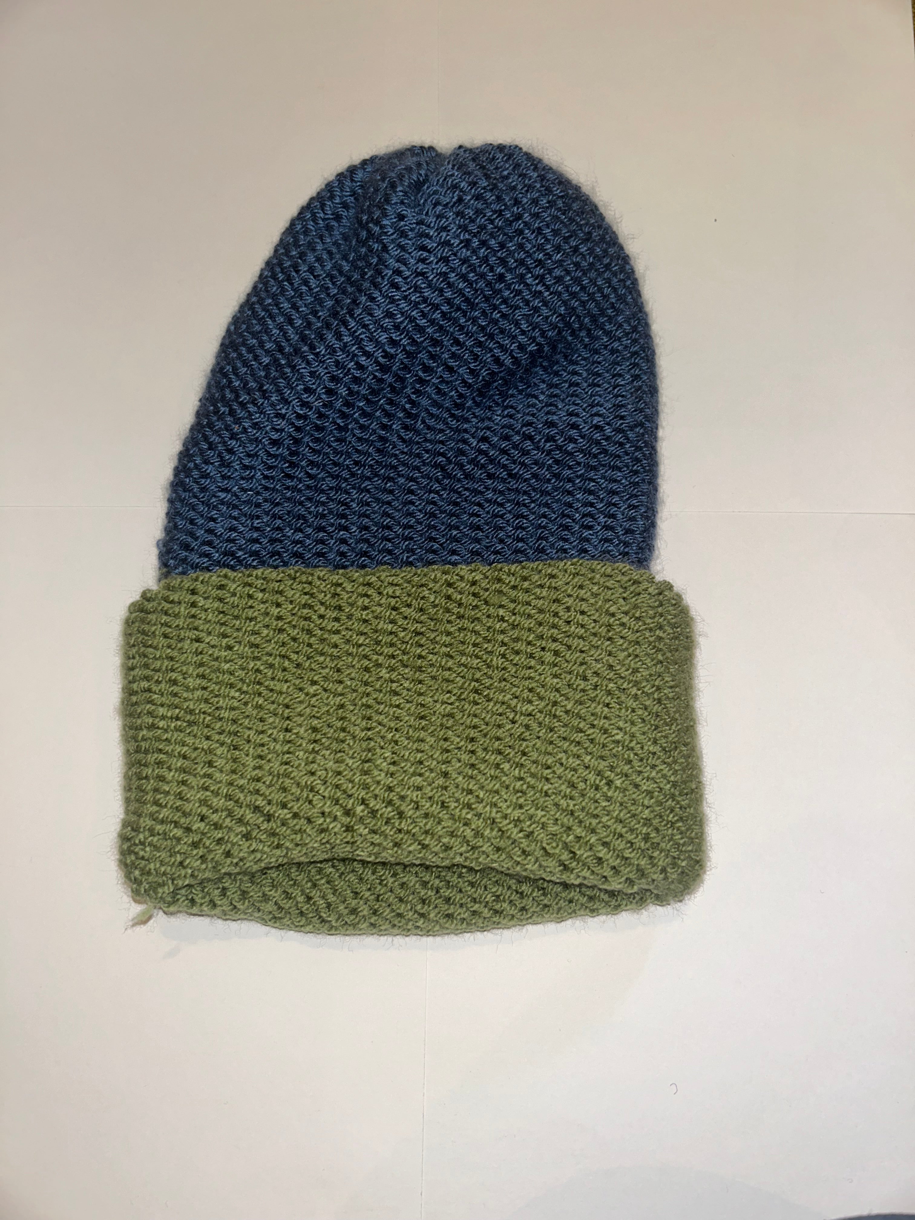 Handmade wooly Beanie Denim and Sage Green