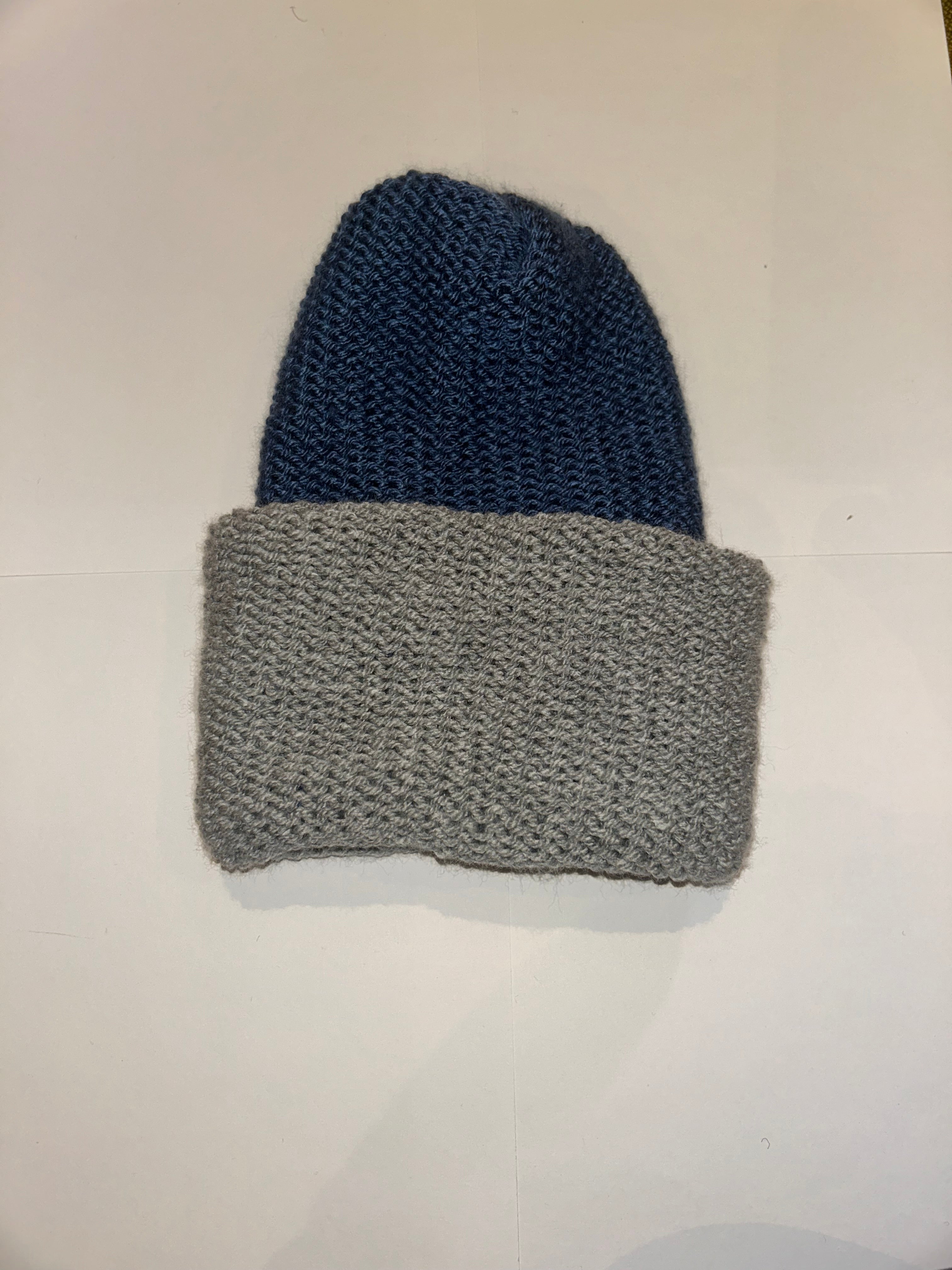Handmade wooly Beanie Denim and Light Grey